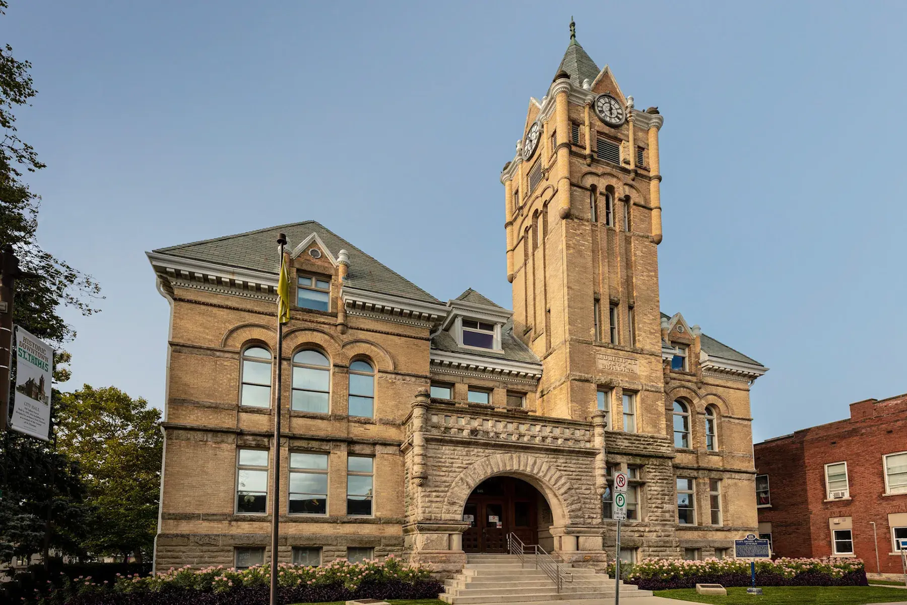 Historic clock-tower facade of St. Thomas City Hall, home to the renovated Clerk's Office
