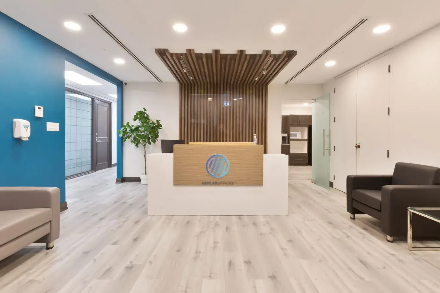 Reception desk with Zemlar Offices signage, 690 Dorval Drive, Oakville