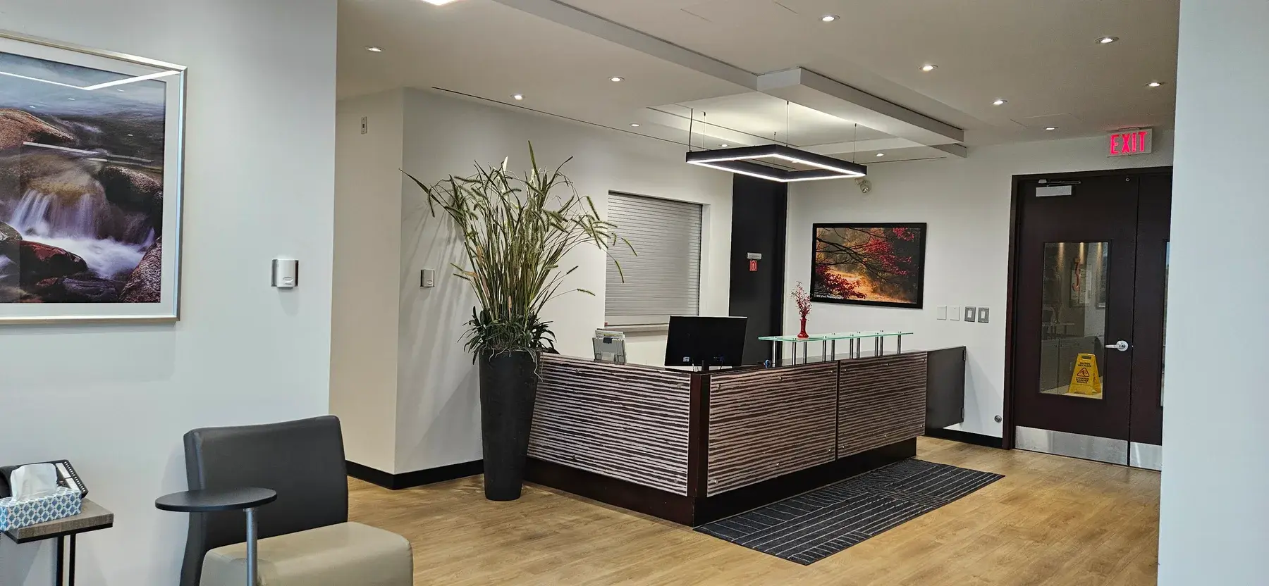 Reception area at the Workplace K office fit-out, 1100 Burloak Drive, Burlington